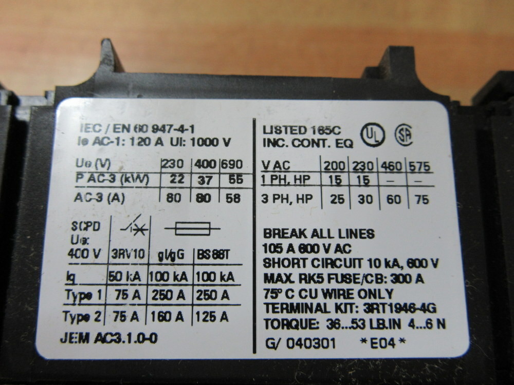Siemens 3RT1045-3AL20 Contactor 3RT10453AL20