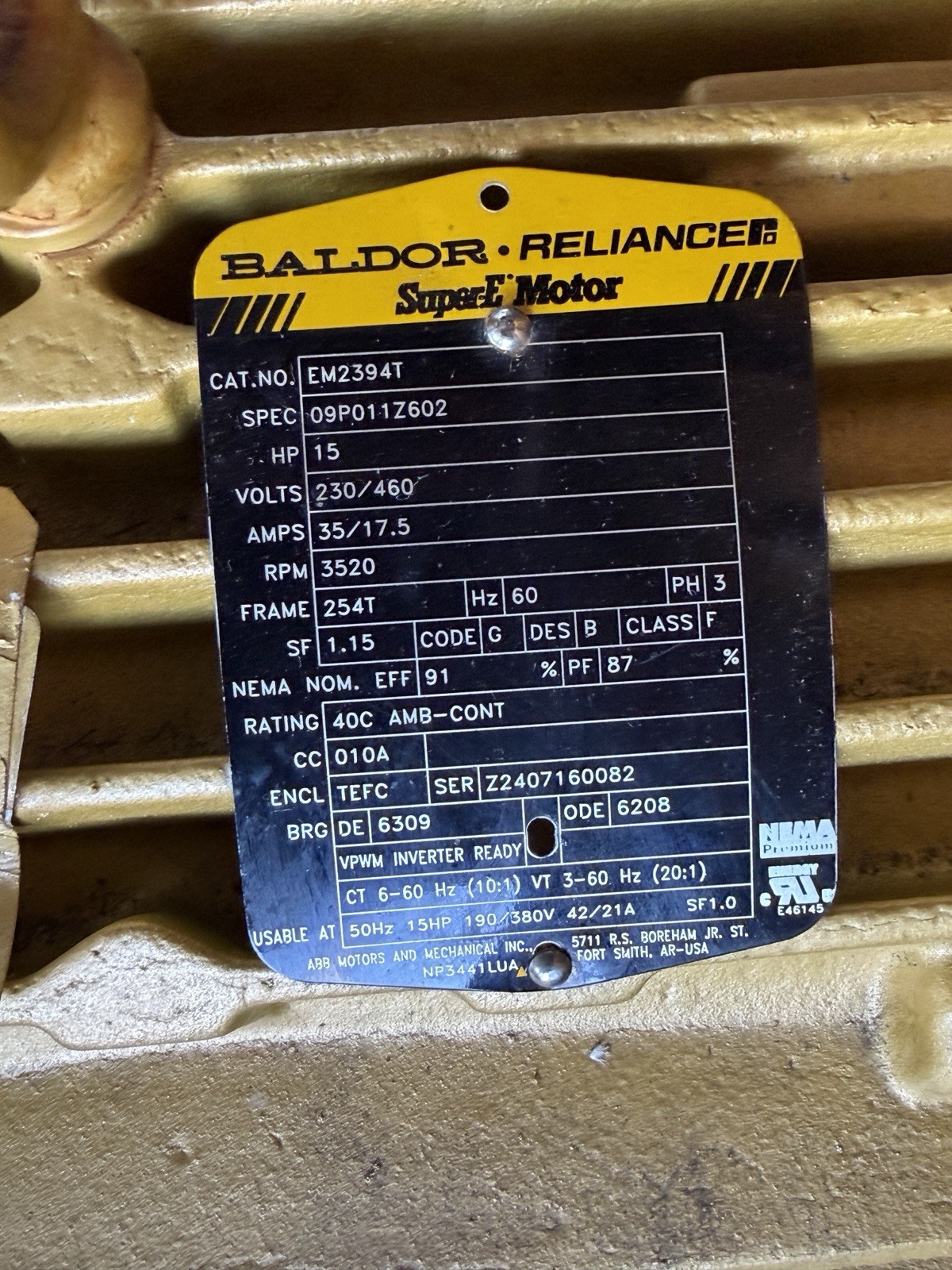 EM2394T ABB BALDOR 15HP 3520RPM 230/460V 60HZ 254T Open Box READ DESC!!