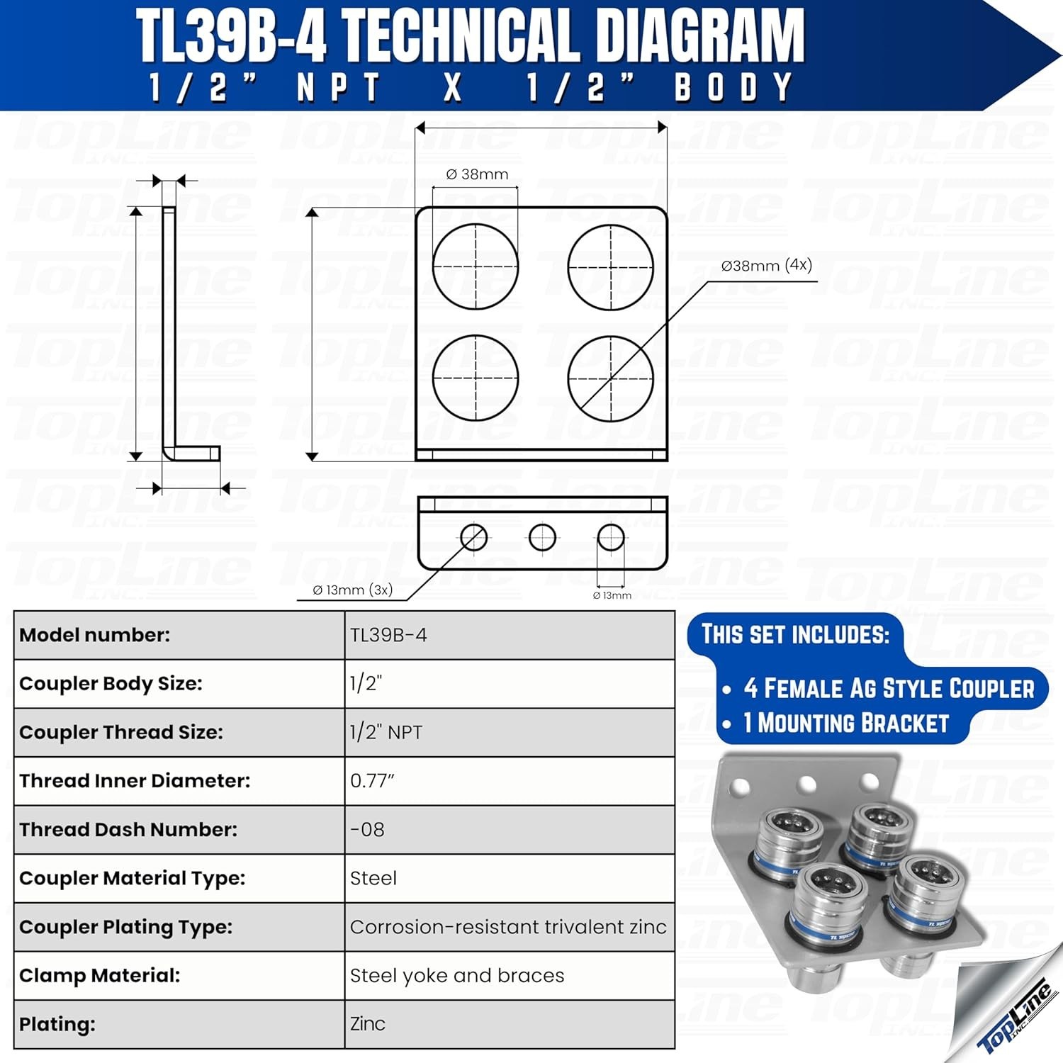 TL39B-4 Hydraulic Quick Release Coupling 1/2» NPT Break Away Mounting Bracket