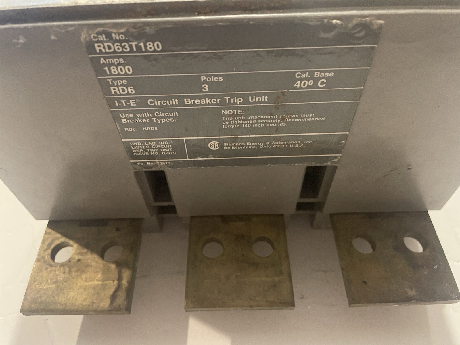 I-T-E RD63T180 1800 amp Circuit Breaker Trip Unit Magnetic Adj Free Shipping