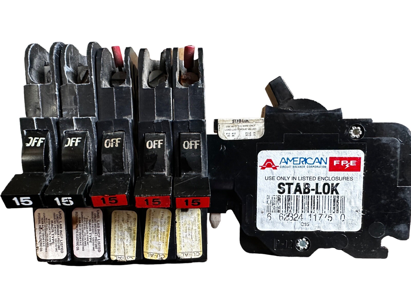 Lot of 6 Federal Pacific FPE NC115 Circuit Breaker 15A 1-Pole Stab-Lok Red Bezel
