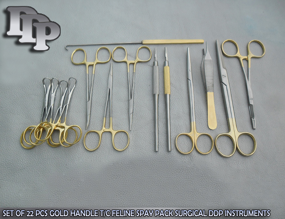SET OF 22 PCS GOLD HANDLE T/C FELINE SPAY PACK SURGICAL INSTRUMENTS KIT DS-1065