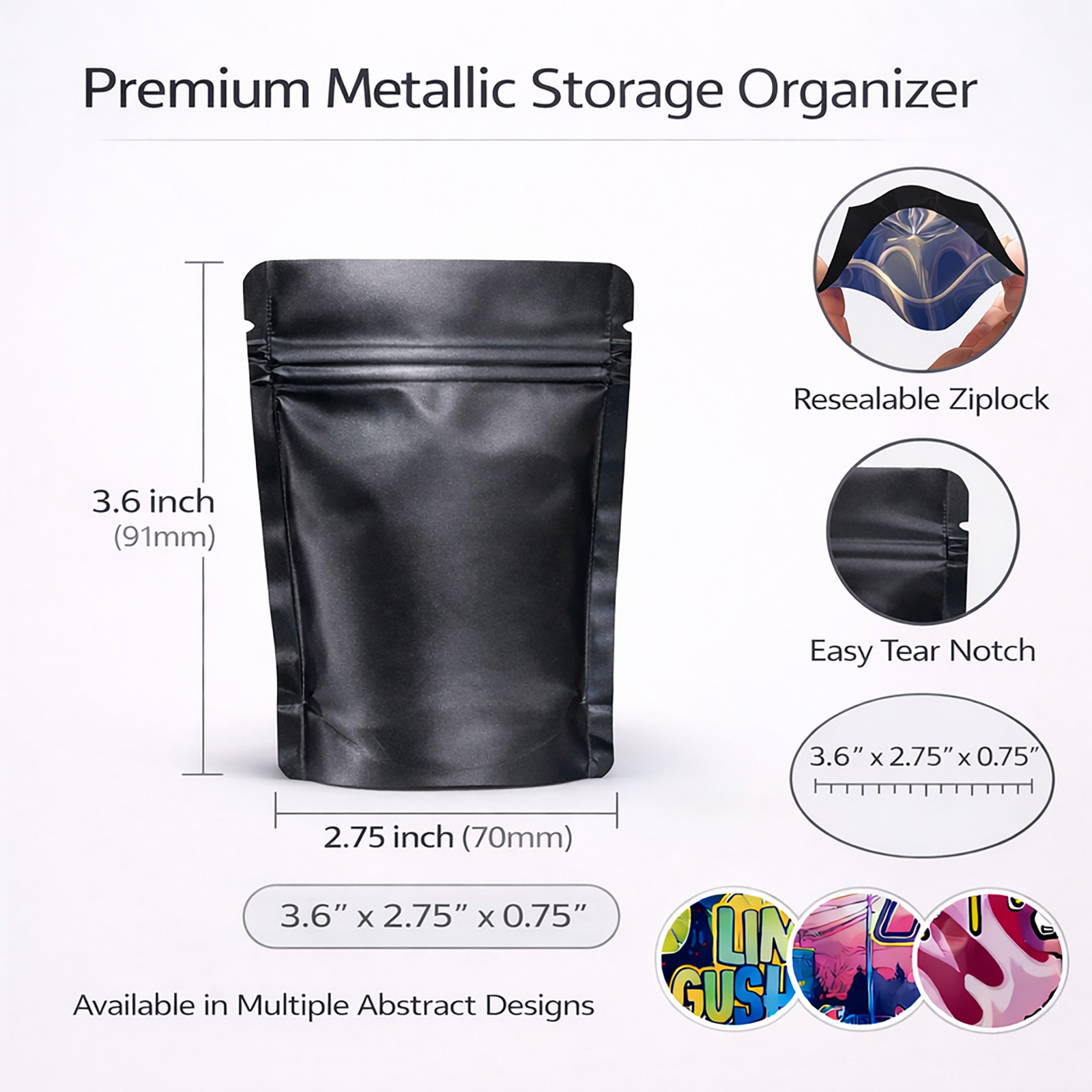100 Pack 1g Smell Proof Foil Mylar Bags 3” x 3.5” Mix Designs Zip Bags