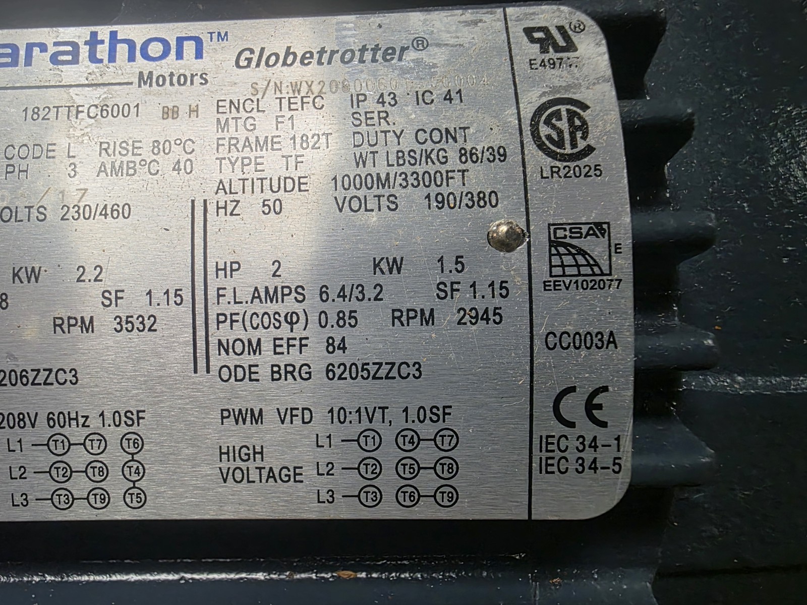 Marathon Cat. GT1009 Electric Motor 3hp 3ph 3532 RPM 182T Fr. Inverter Duty