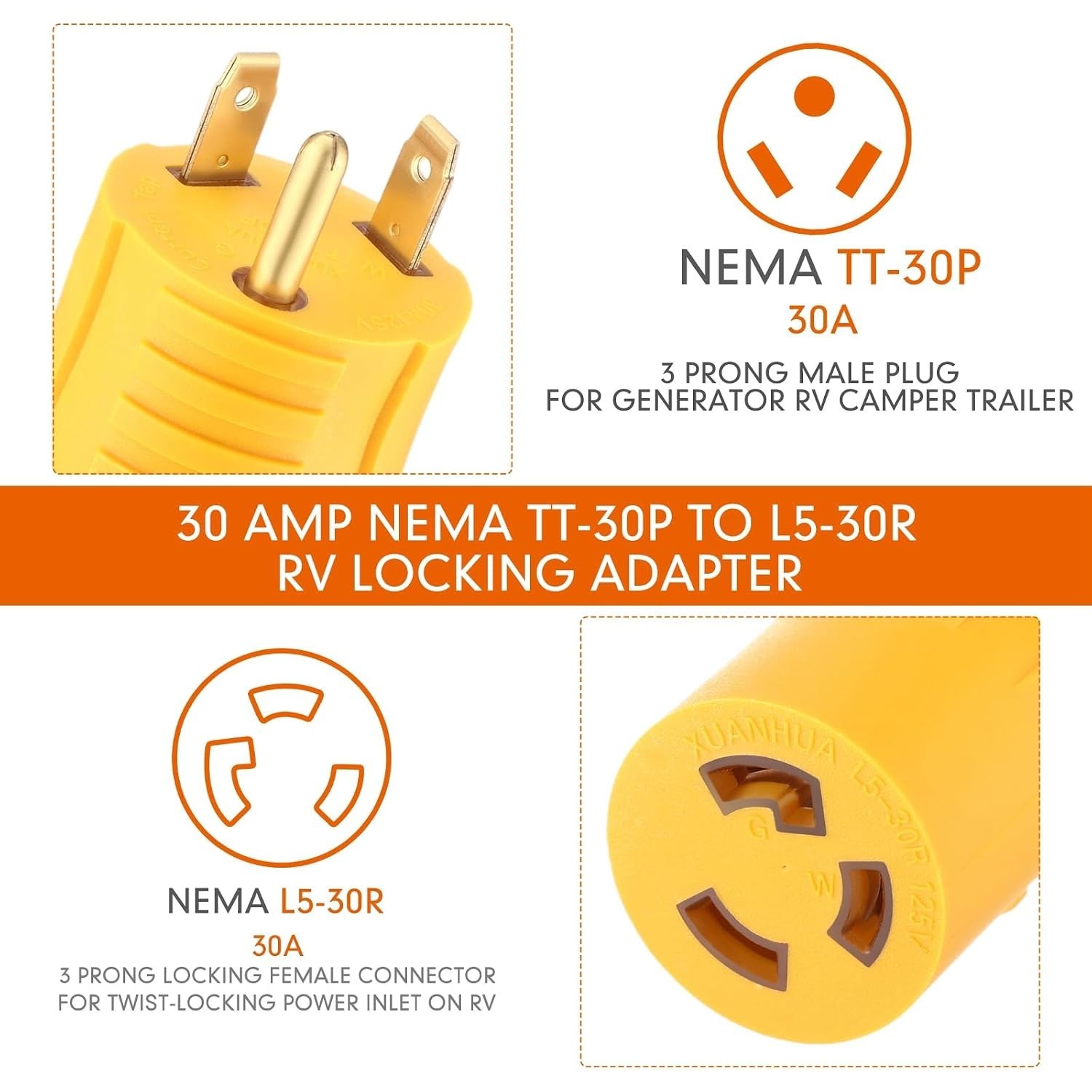 NEMA TT-30P to L5-30R 30 Amp Plug Adapter 3 Prong RV Plug with Locking Connec…