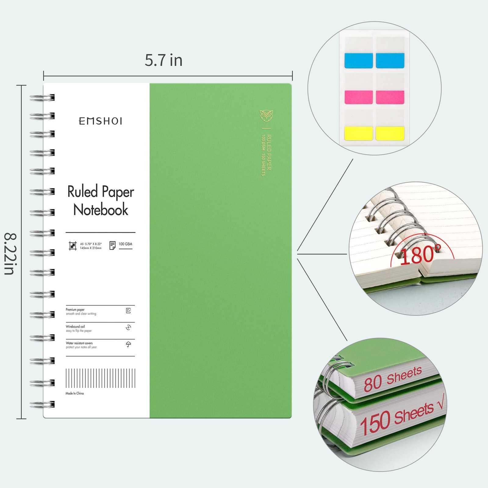 A5 Green Blank Book 300 Pages Thick Spiral Notebook Waterproof Cover