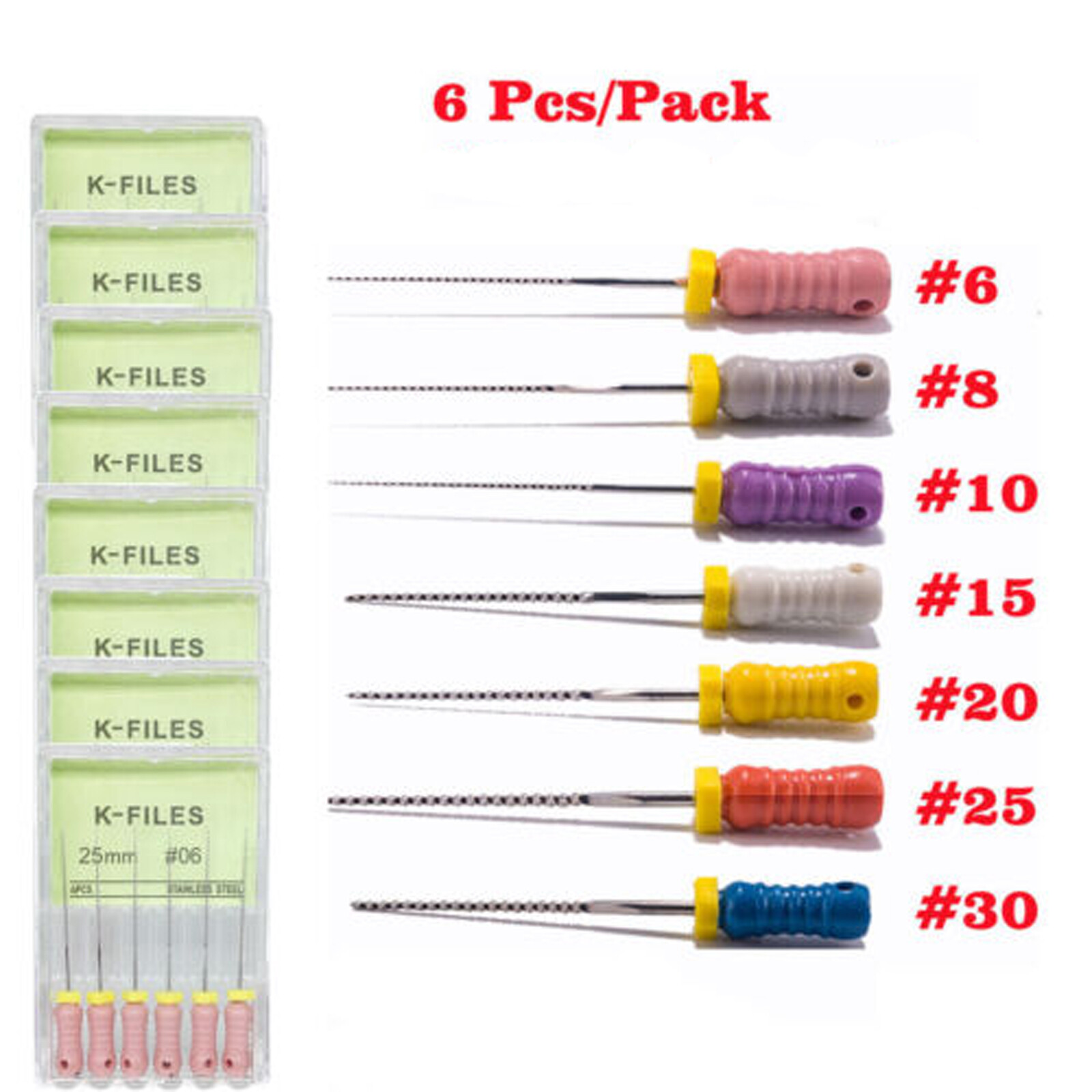 6pcs Limas endodónticas dentales de acero inoxidable K-File Uso manual 25/21mm