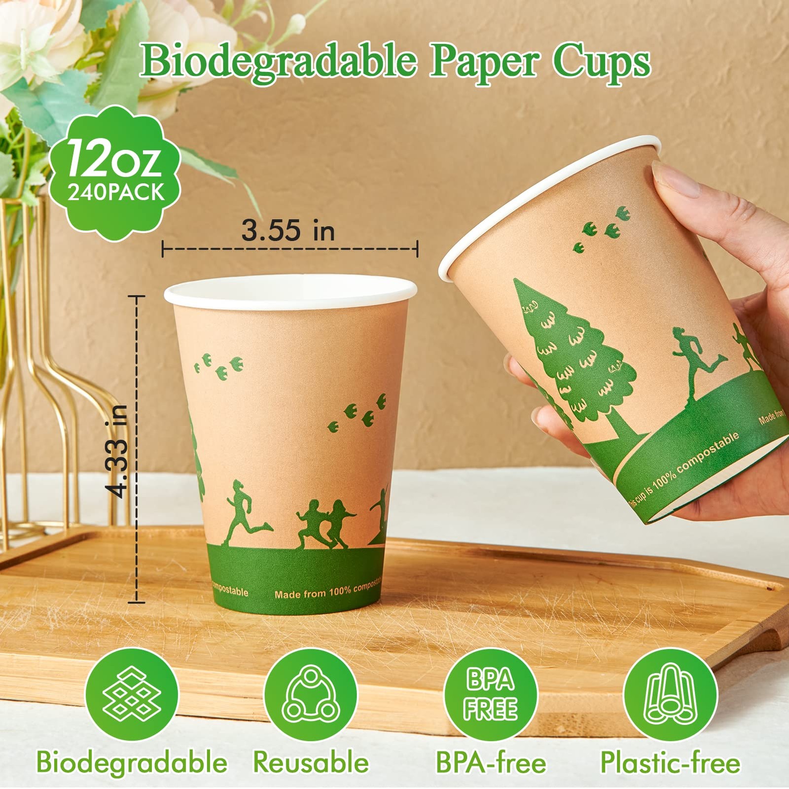 240 Count 12 oz Compostable Paper Cups, Biodegradable Disposable Paper Coffee…