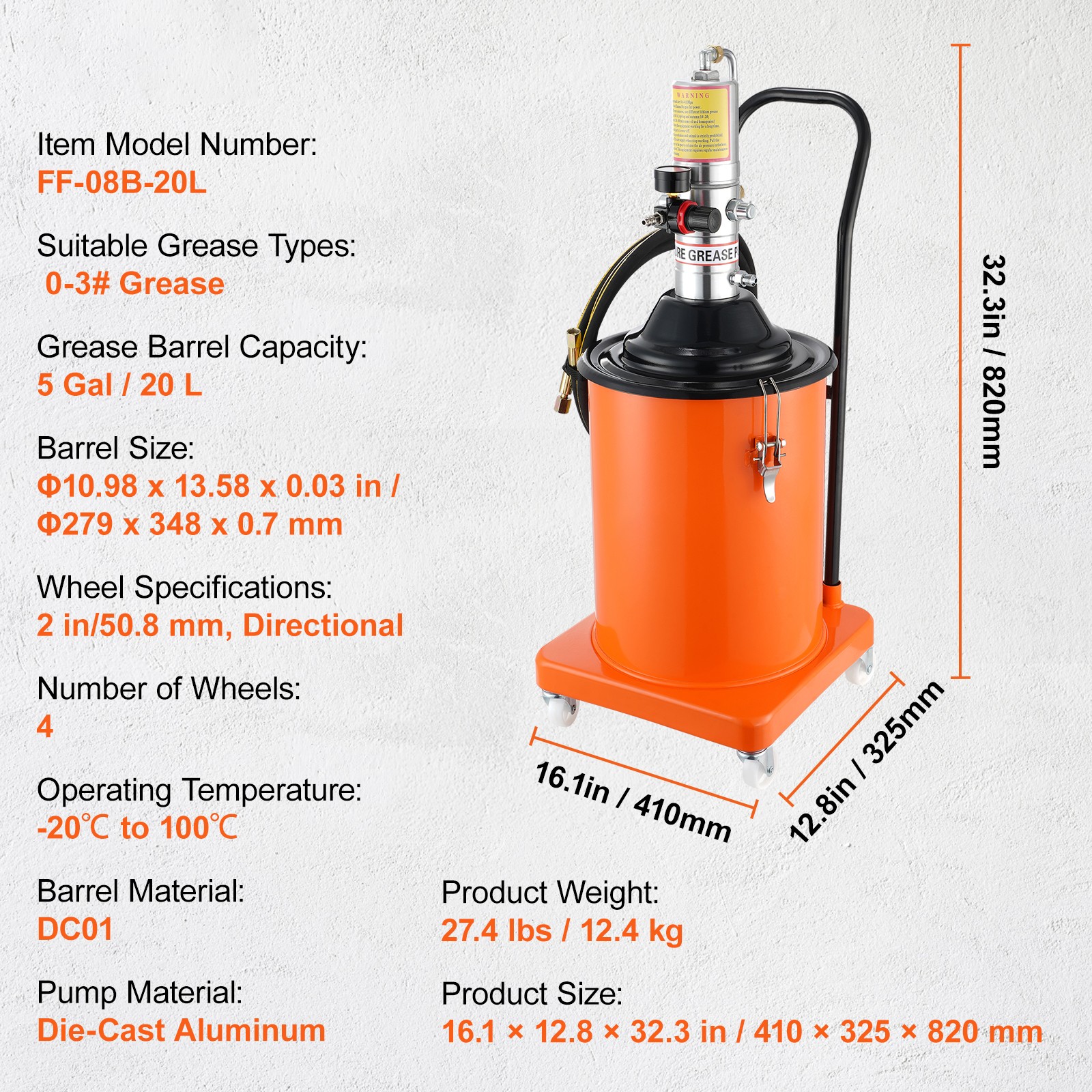 VEVOR Grease Pump Air Operated Grease Pump 5 Gallon 13 ft Hose Grease Bucket