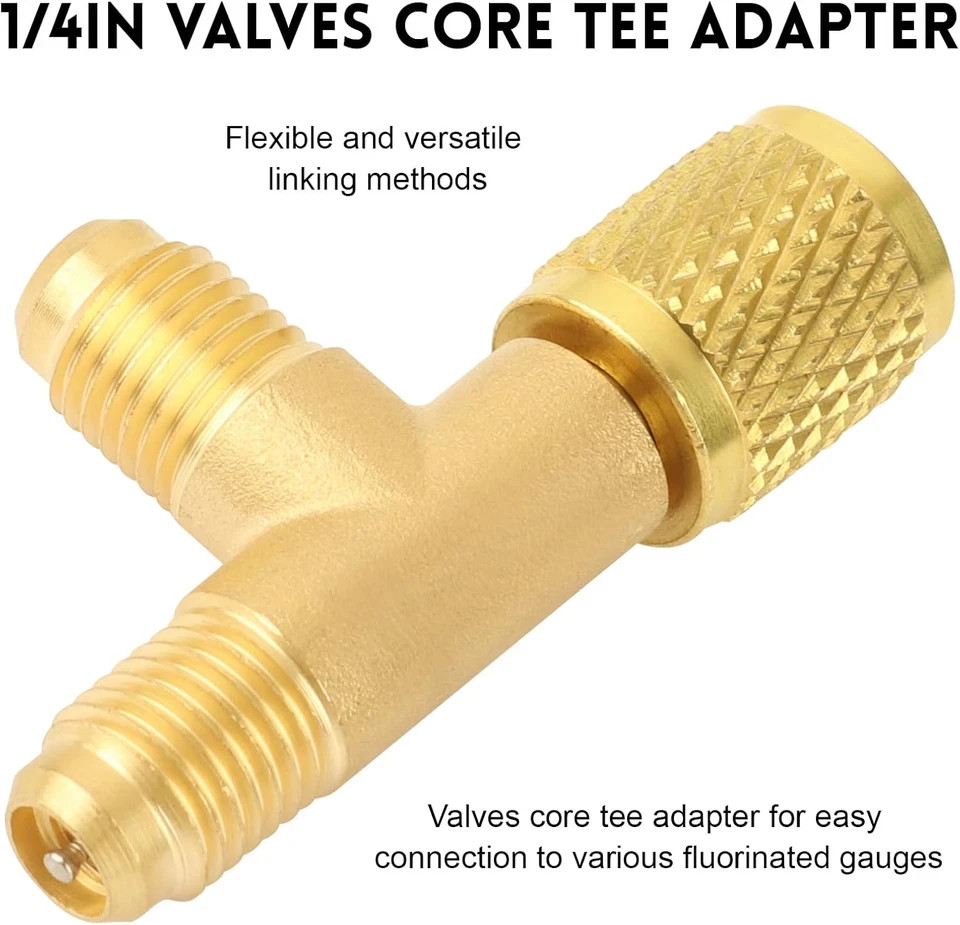Quick Coupler Access Tee, 1/4 Inch SAE Valves Core Tee Adapter Brass Refrigerant