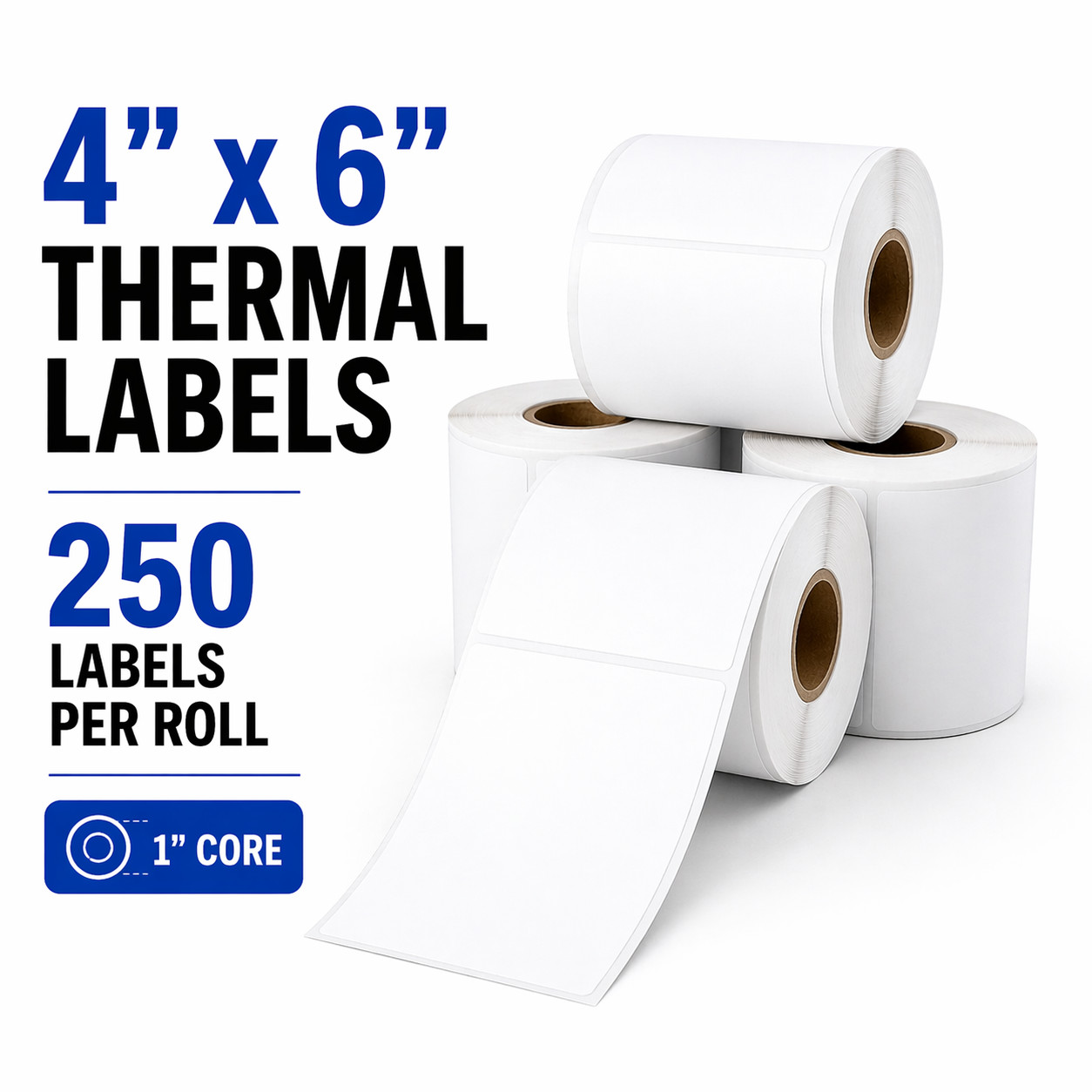 4×6 Thermal Labels 4 Rolls (1000 Total) 250/Roll 1” Core Direct Thermal Shipping