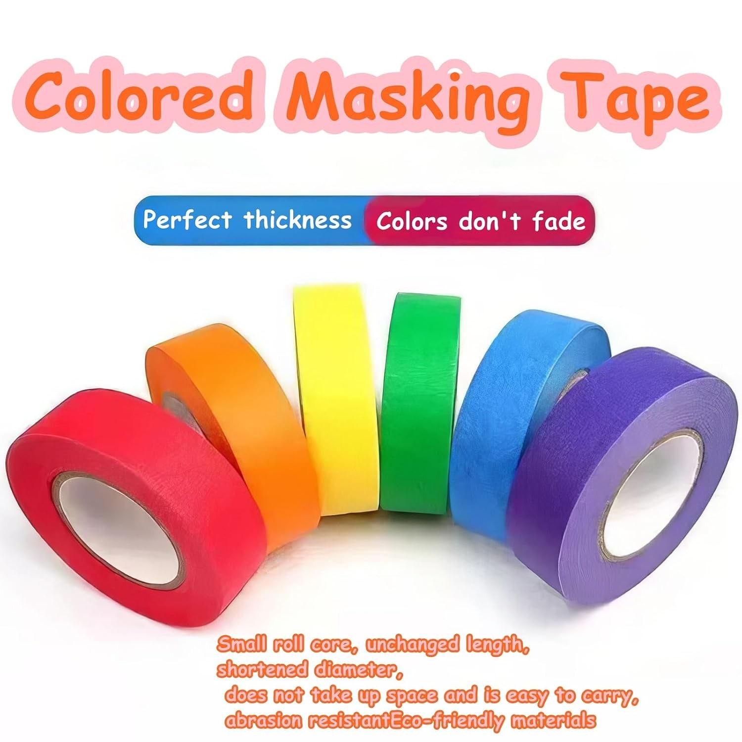 6 Rolls Colored Masking Tape，colored Red, orange, yellow, green, blue, purple