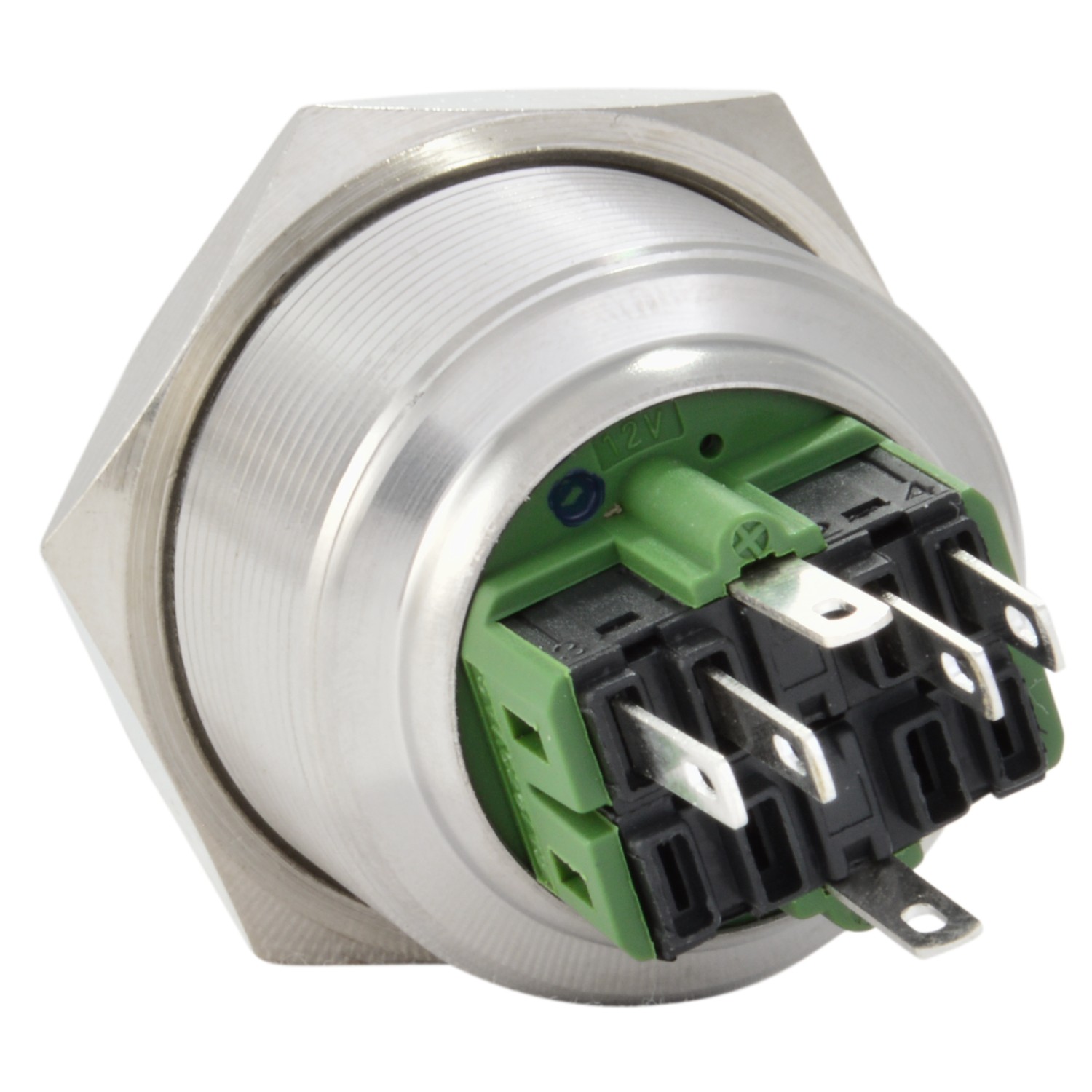 30mm Latching Push Button Power Switch Stainless Steel w/ Green LED Waterproof