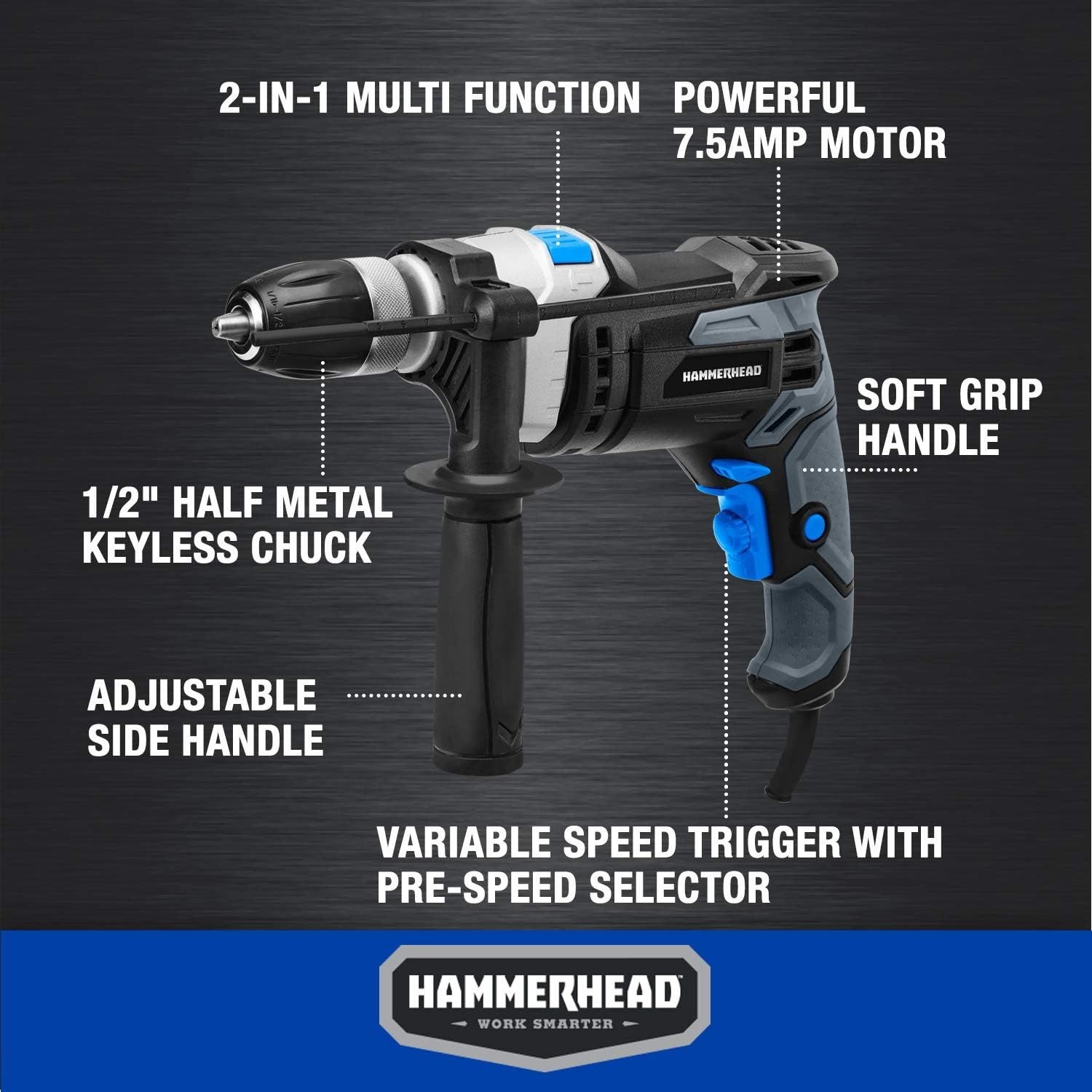 Multi-Function 1/2 Inch Hammer Drill – 7.5A Power & Variable Speed Control