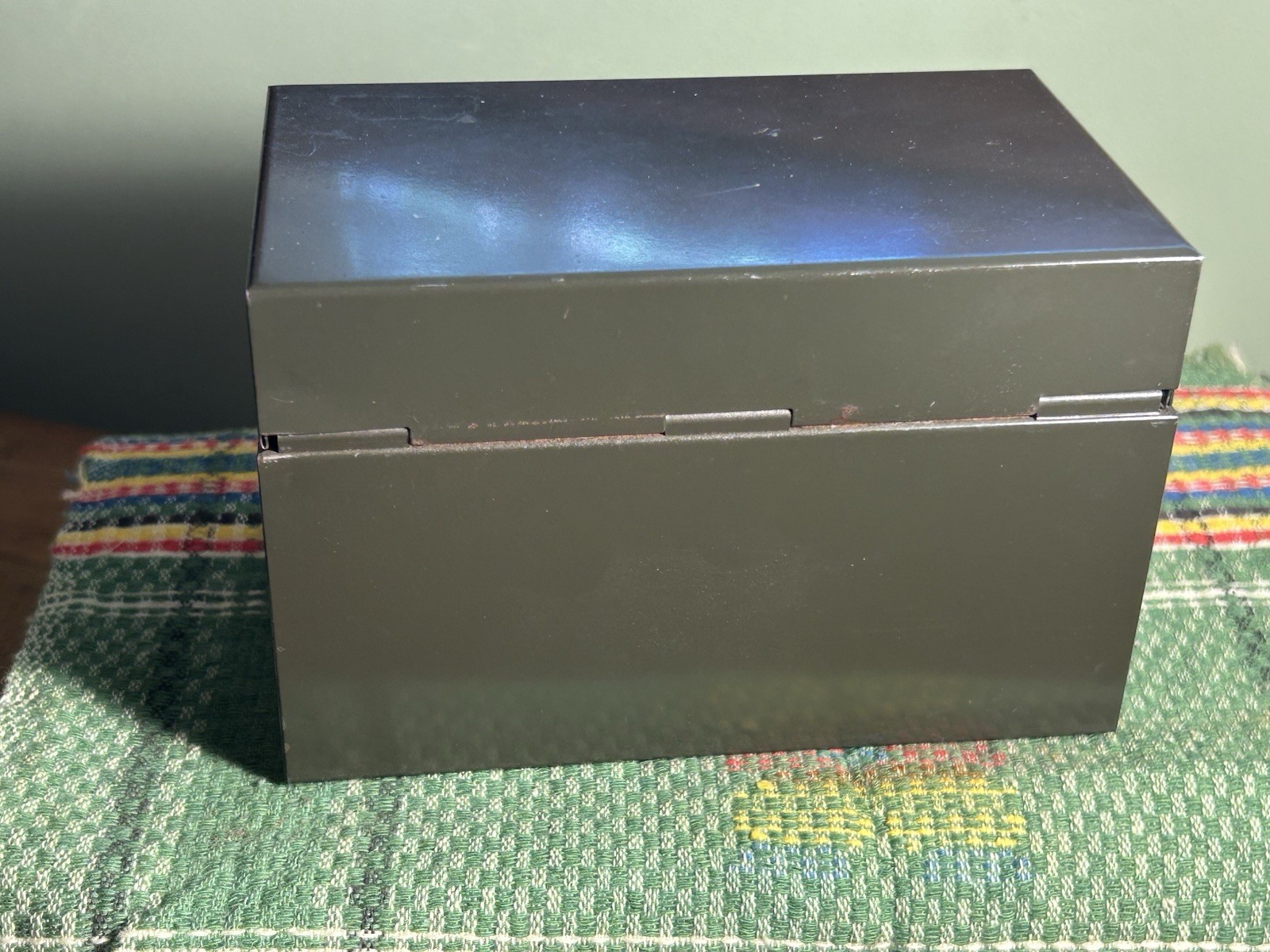 vintage small dark green WEIS metal file card office recipe BOX 5.5×3.25×3.5″
