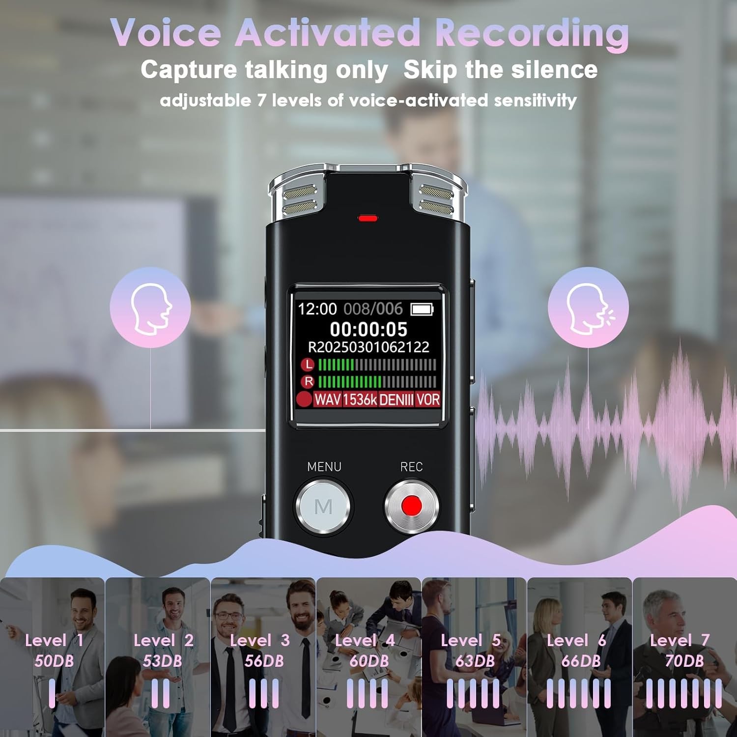 Digital Voice Recorder, 64GB, Voice Activated, Playback, USB Type-C, MP3 WAV