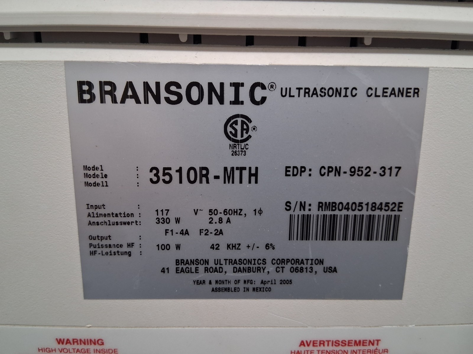 BRANSON 3510 ULTRASONIC CLEANER 3510R-MTH HEATED Bransonic