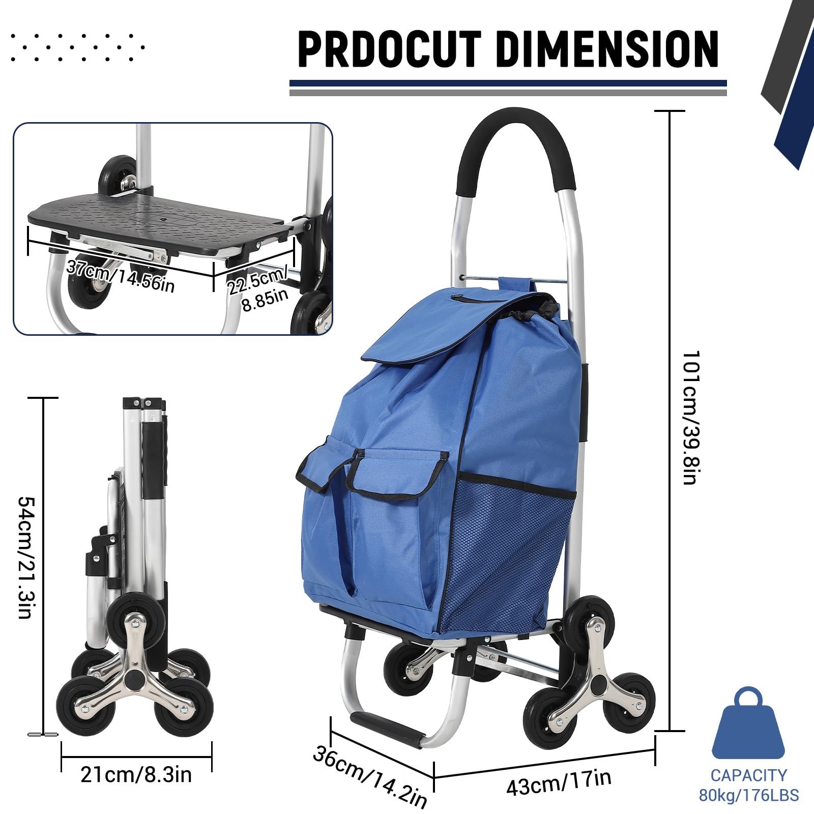Folding Shopping Cart w/ 56L Removable Bag 150LB Stair Climbing Utility Cart