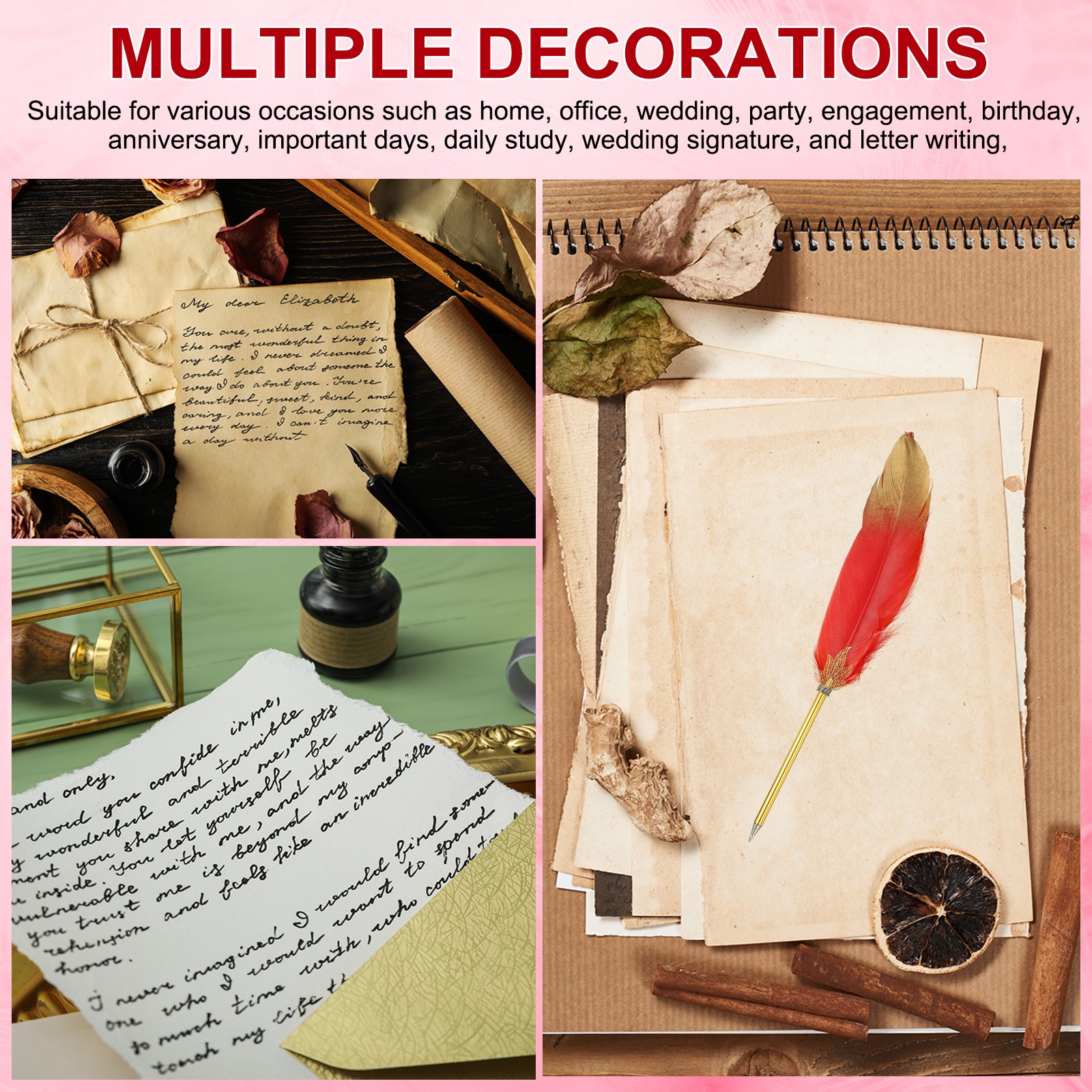 Feather Pen Quill, Ballpoint Pen with Golden Pen Holder, Dark Green