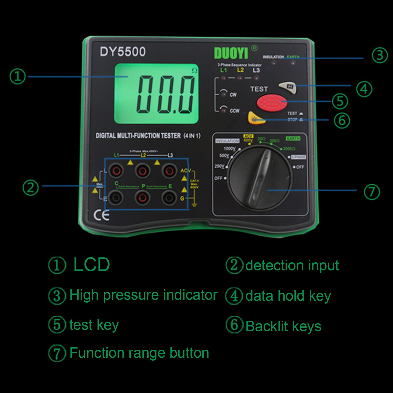 Digital Resistance Meter Ground Earth Insulation Tester 0.01 to 2000 ohm DY5500~