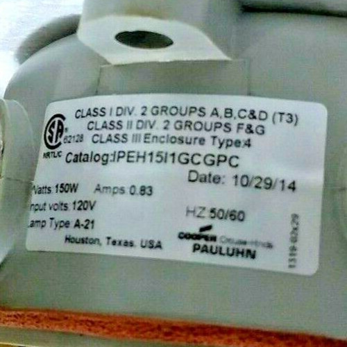 Cooper Crouse Hinds Pauluhn IPEH15I1GCGPC Red Light 150W 0.83A 120V LampType A21