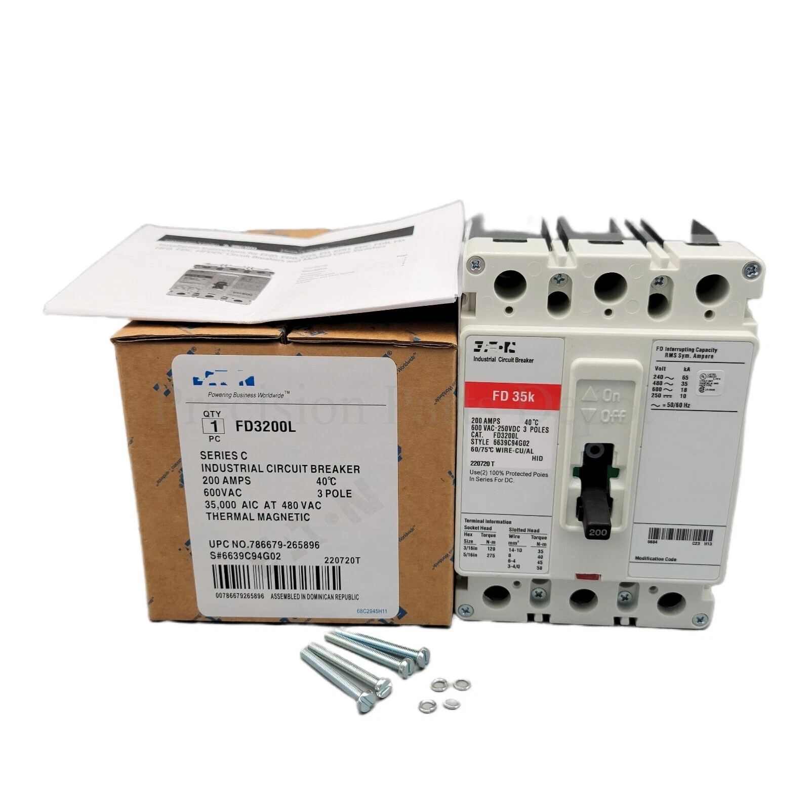 Industrial Circuit Breaker FIT FD35K 200AMP 3 POLE CAT FD3200L Cutler Hammer