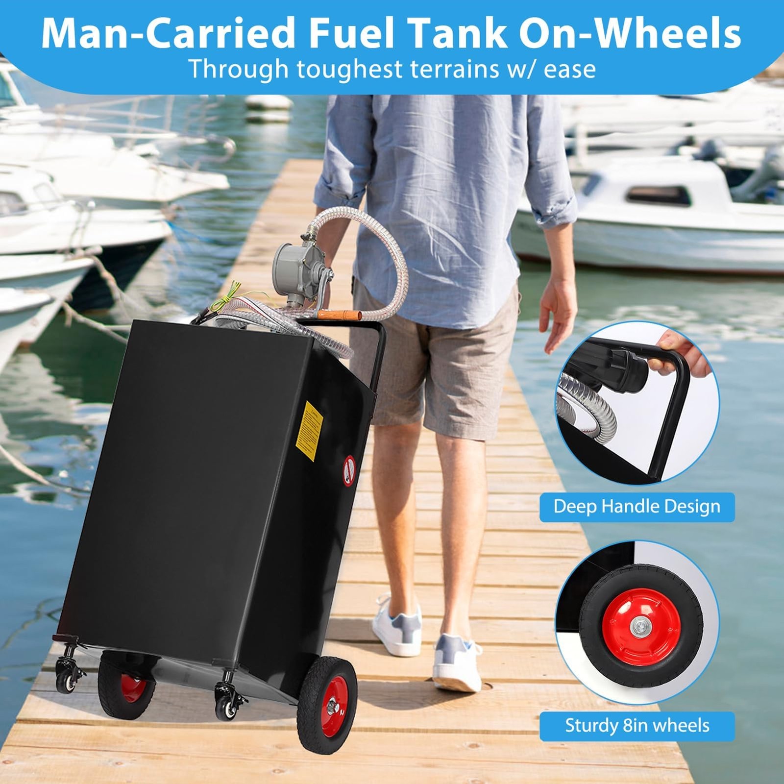 30 Gallon Fuel Caddy with Manual Pump 4-Wheel Steel Tank for Cars Trucks Boats