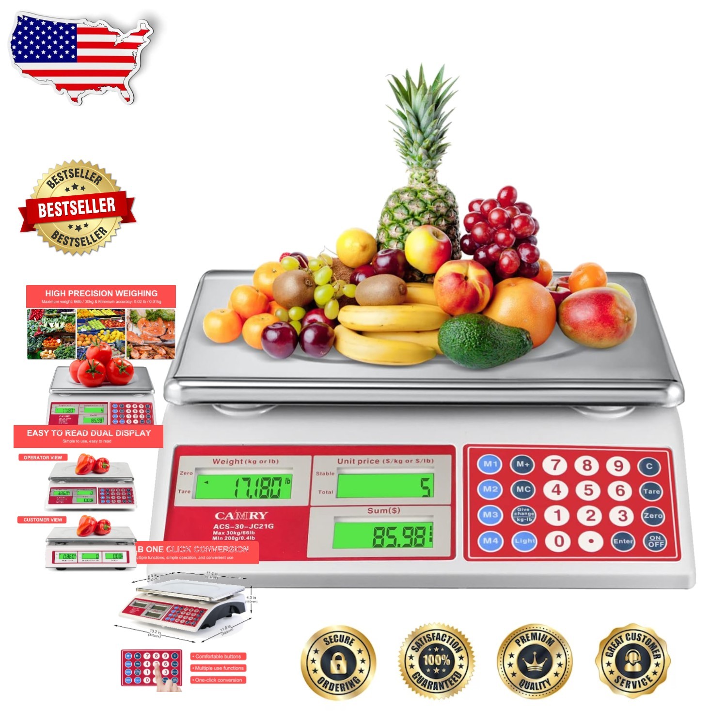 Heavy Duty Commercial Scale 66lb, Stainless Platform, Dual LCD, Battery Powered