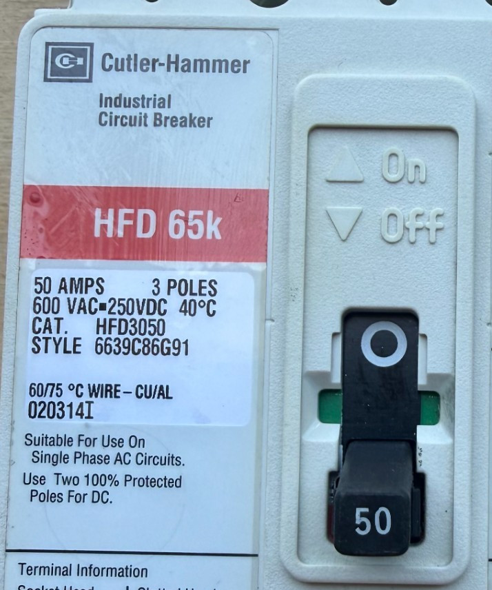 EATON CUTLER HAMMER HFD3050 50A 3-POLE 600V SERIES BREAKER PREOWNED