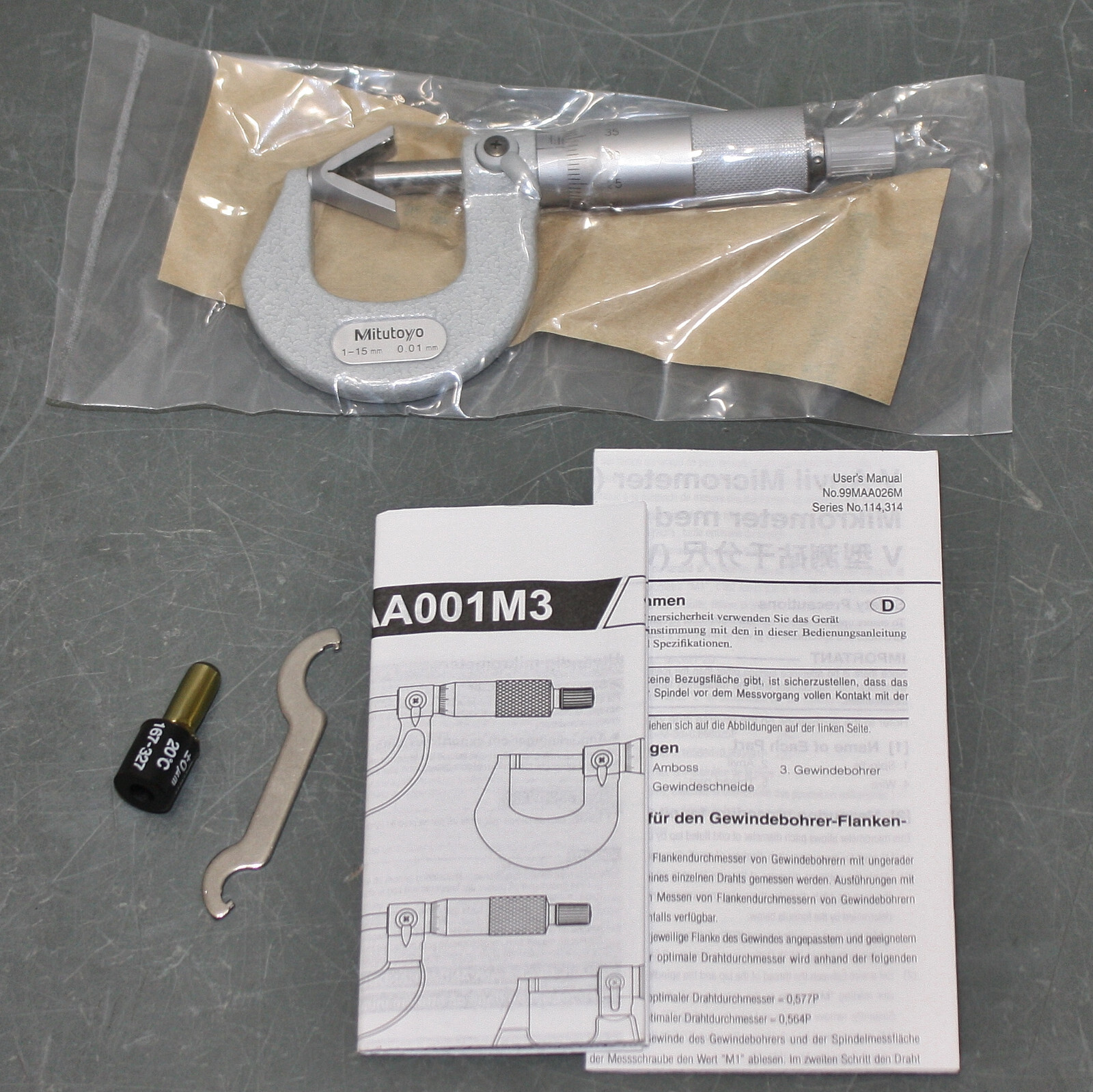 Mitutoyo Micrometer 114-161, 3 Flute, V-Anvil, 1-15mm, 0.01mm Grad., +/-0.004mm
