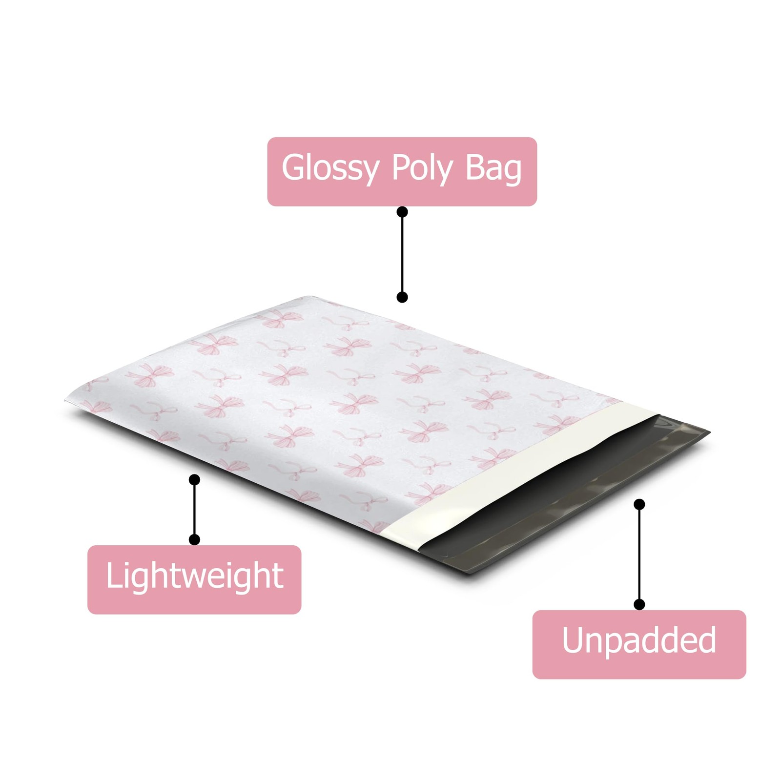 10×13 (100) Pink Bows Valentine’s Day Designer Poly Mailers Waterproof Self S…