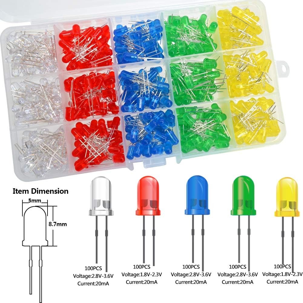 500 Pcs 5mm LED Assortment Kit Diffused Low Voltage Varied Colors Pack