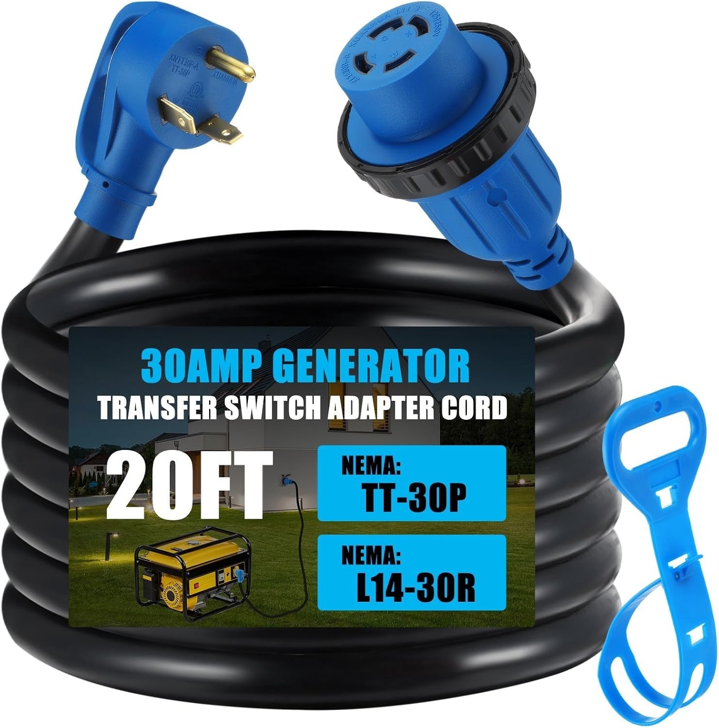 20 ft NEMA TT-30P to L14-30R Generator Transfer Switch Adapter Cord, 30 Amp T…