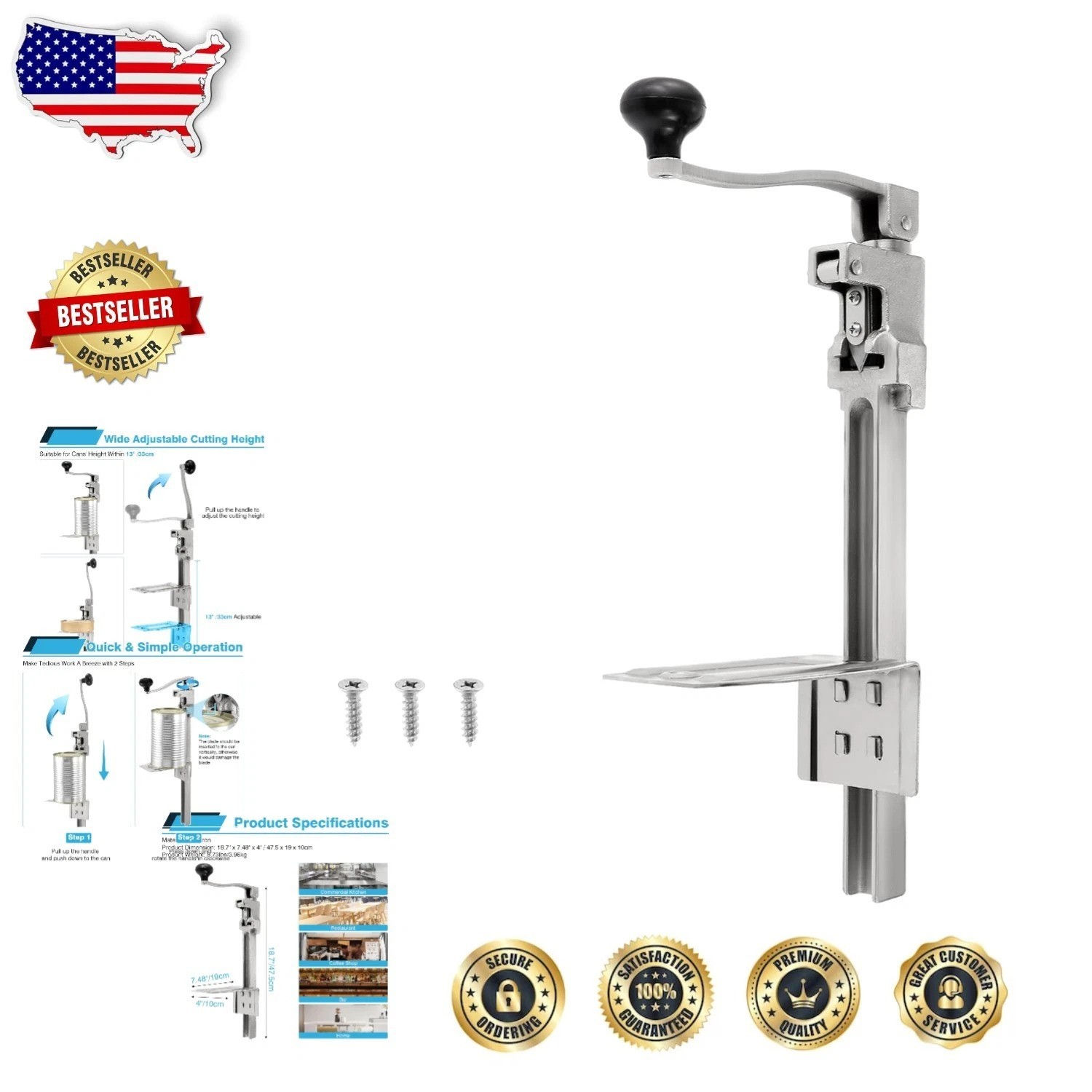 Commercial Can Opener 19″ Heavy Duty Table Mount Manual Steel Professional