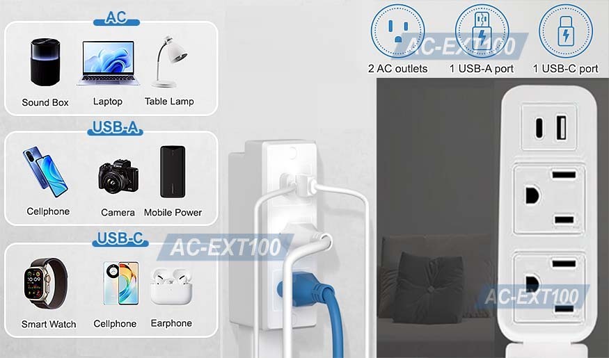 AC Outlet Extender With 2 AC Outlets + 2 USB Charging Ports Max 28″ Long