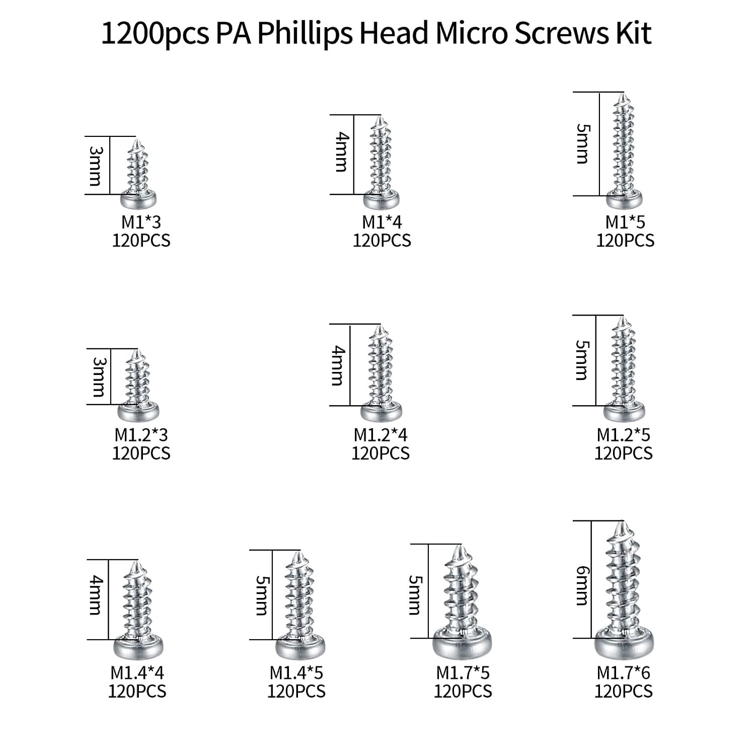 1200 Pcs Mini Screw kit, M1/M1.2/M1.4/M1.7 Micro Phillips Head Pan Head Screws