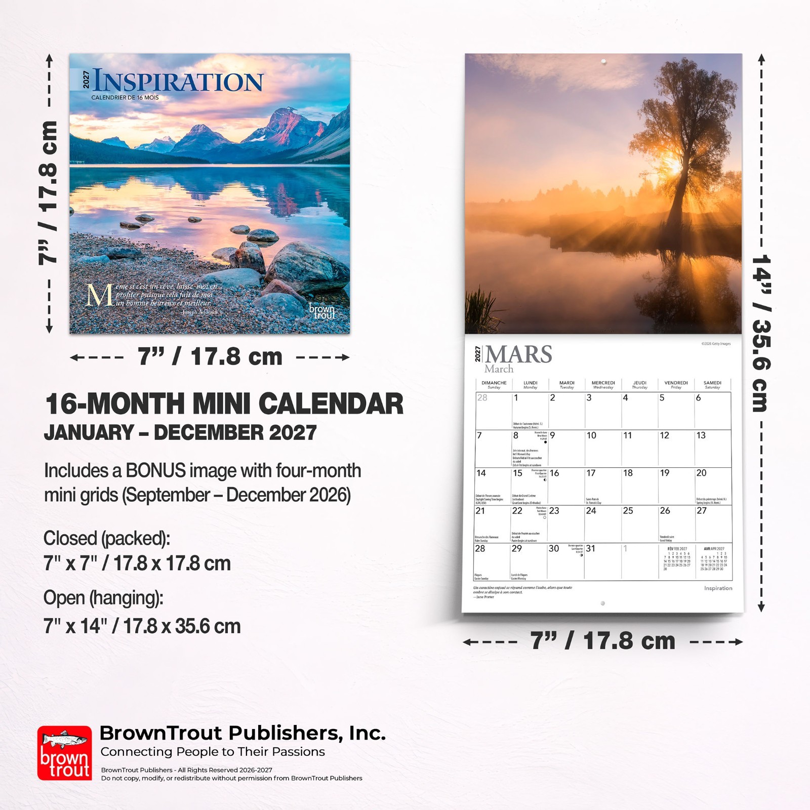 Inspiration | 2027 7×14″ (Hanging) Monthly Mini Wall Calendar | French Language