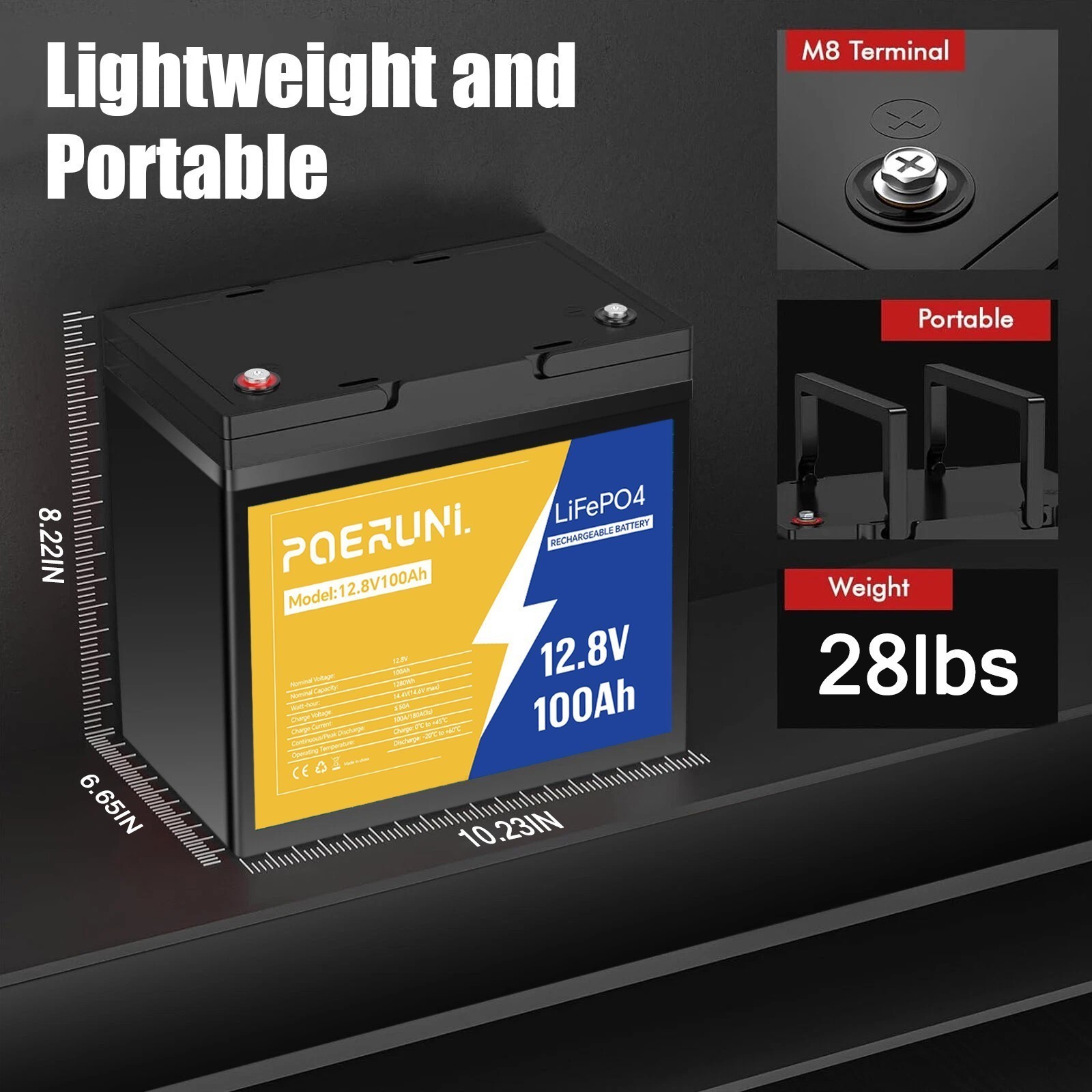 POERUNI 100Ah 12.8V LiFePO4 Lithium Battery with BMS 100Ah + 14.6V 20A Charger