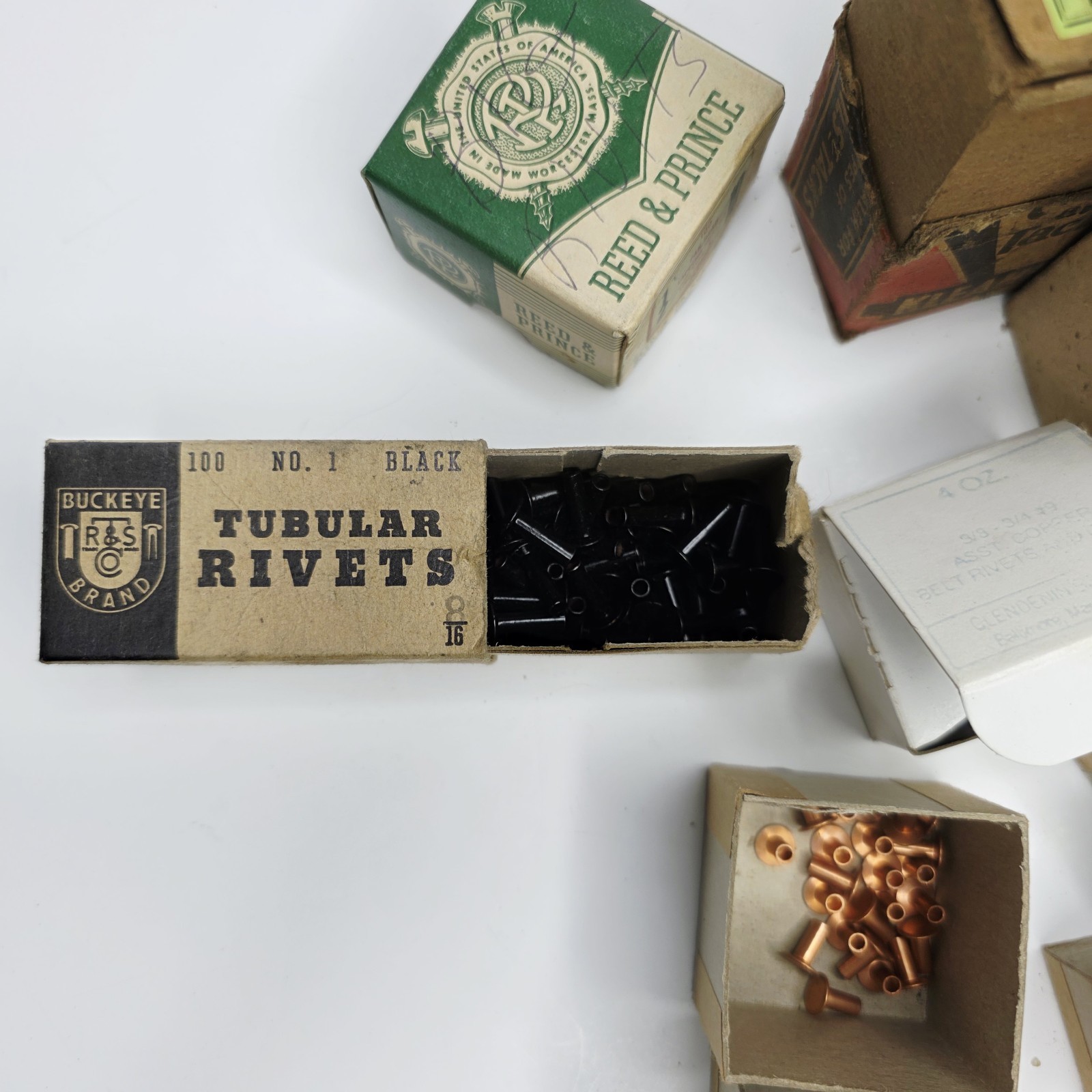 8 Pounds Vintage Copper Steel Belt Fasteners Tubular Rivets Burrs Boxes Lot Bulk