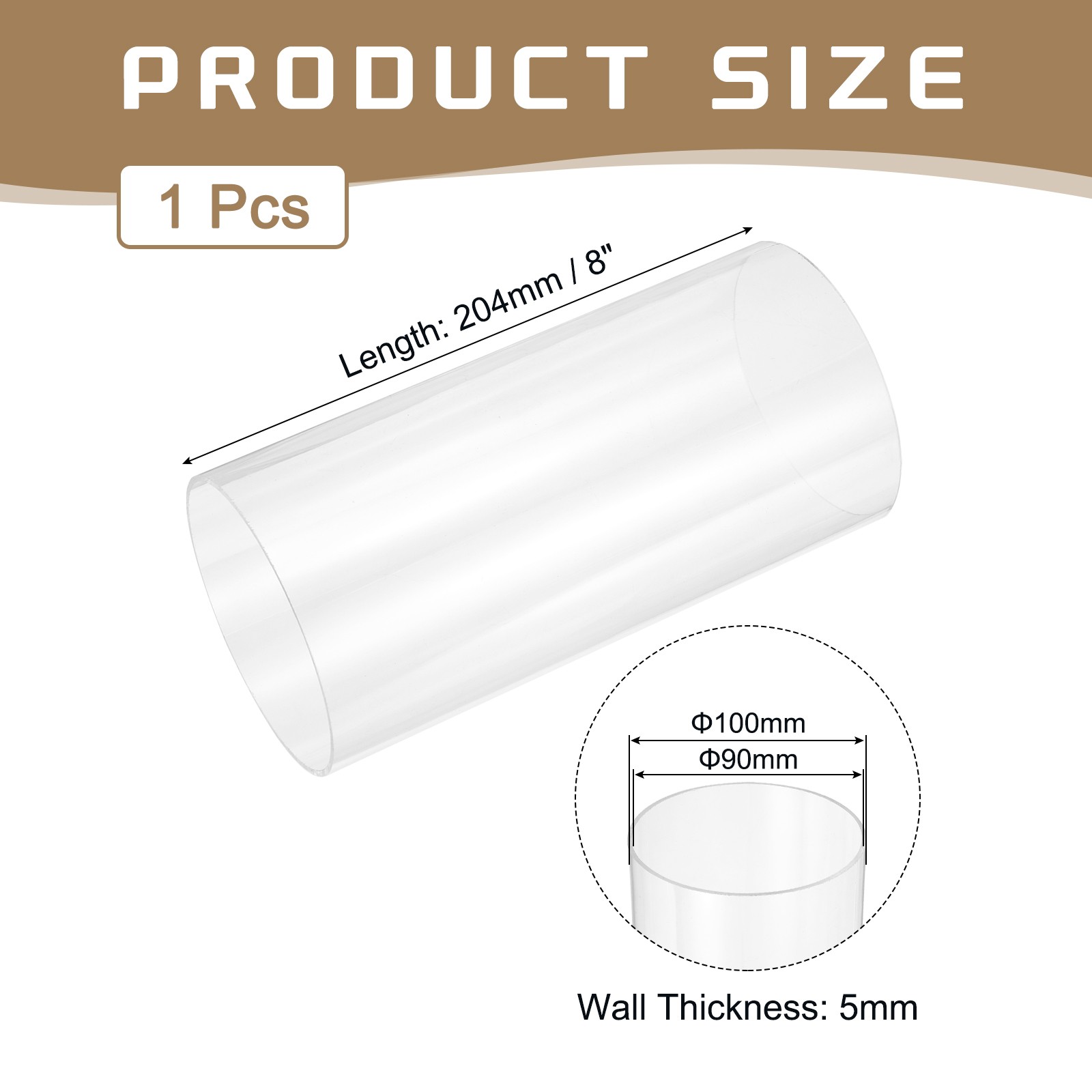 Acrylic Tube, 1 Pcs 90mm(3.54″) ID x 100mm(3.94″) OD 204mm(8″) Length