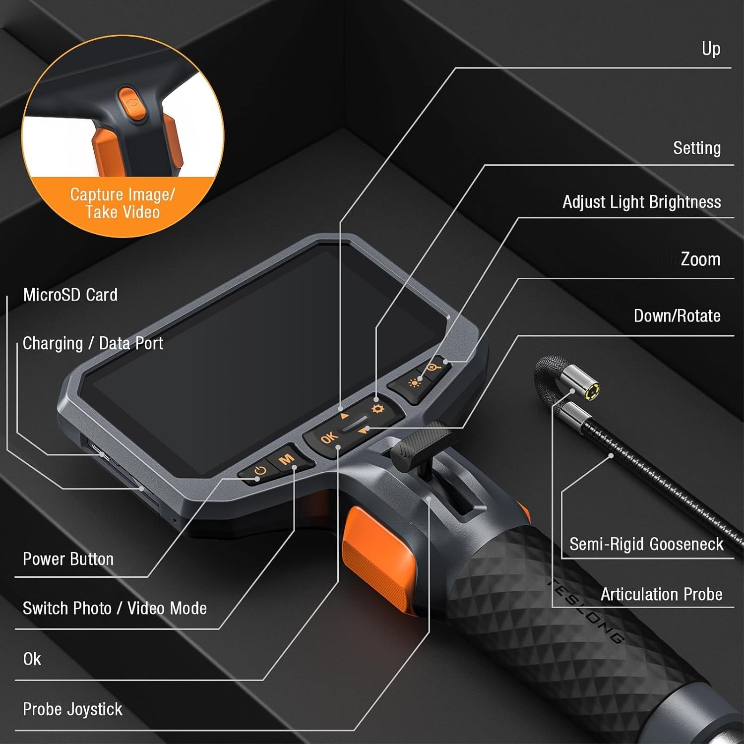 6.5mm Two-Way Articulating Borescope 2.0MP HD Endoscope Inspection Camera 10FT