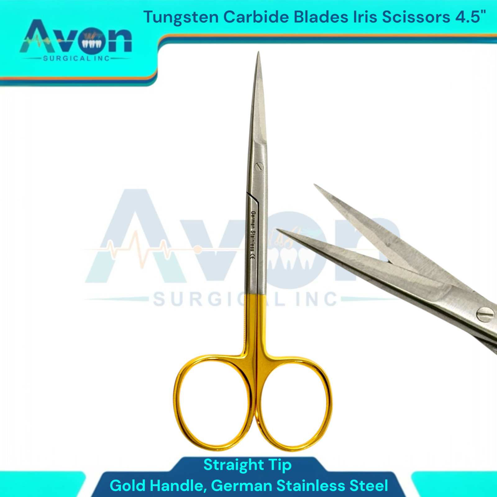 1PC – 4.5″ Iris Scissors Straight w/ Tungsten Carbide Inserted Blades – Gold