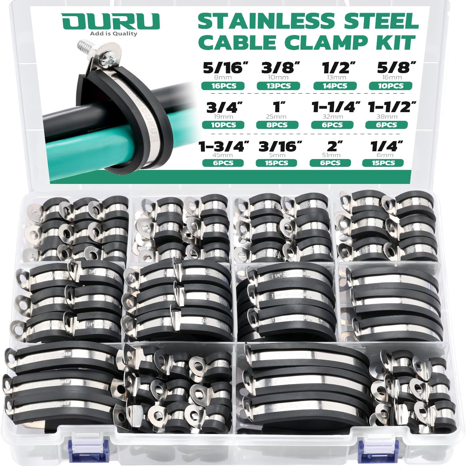 125PCS Cable Clamp,12 Sizes Stainless Steel Rubber Coated Cushioned Insulated Ca