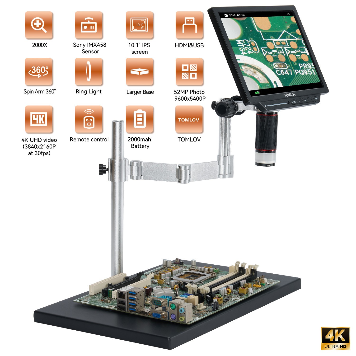 TOMLOV TM4K Max 4K Coin Microscope Sony IMX Sensor Digital Microscope 2000x Came