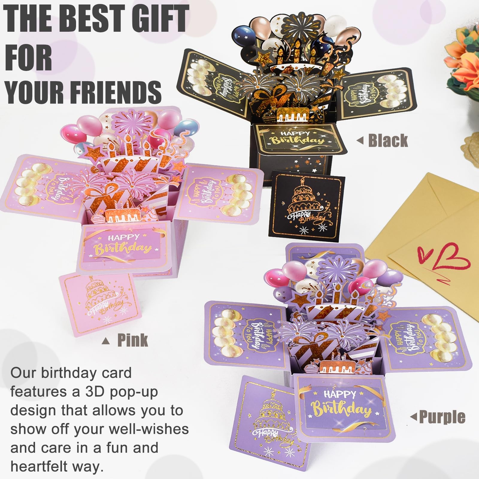 Surprise Pop Up 6.9in x 7.1in (folded), 7.2in (open), Birthday Cards-Black