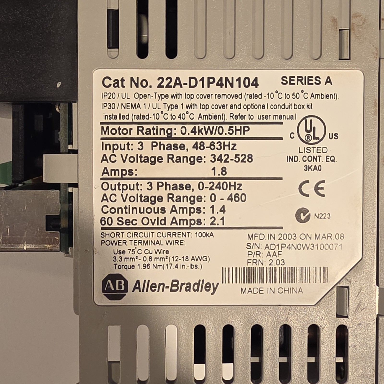 Allen-Bradley PowerFlex 4 0.4KW 0.5HP 3-Phase Drive 342-528V IP20/IP30/NEMA 1