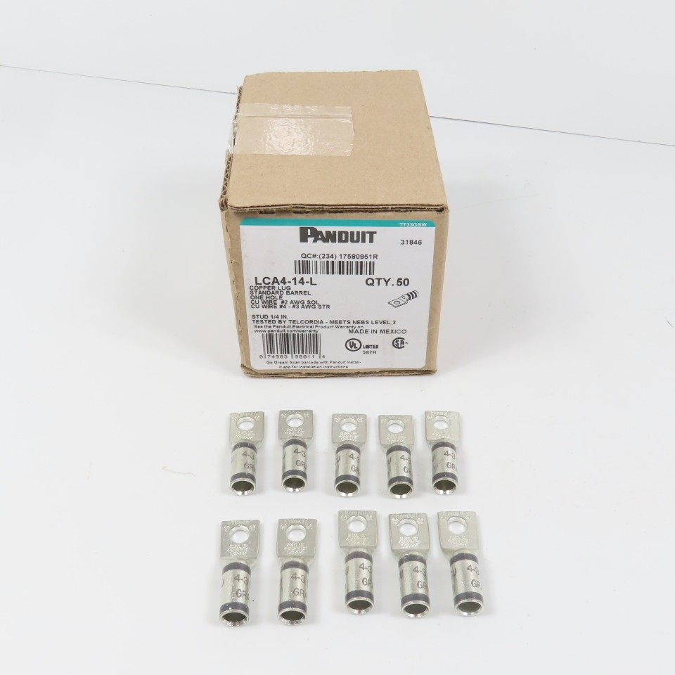 Panduit LCA4-14-L Copper Compression Lug 1-Hole #2AWG SOL #4-#3 AWG STR Lot/10