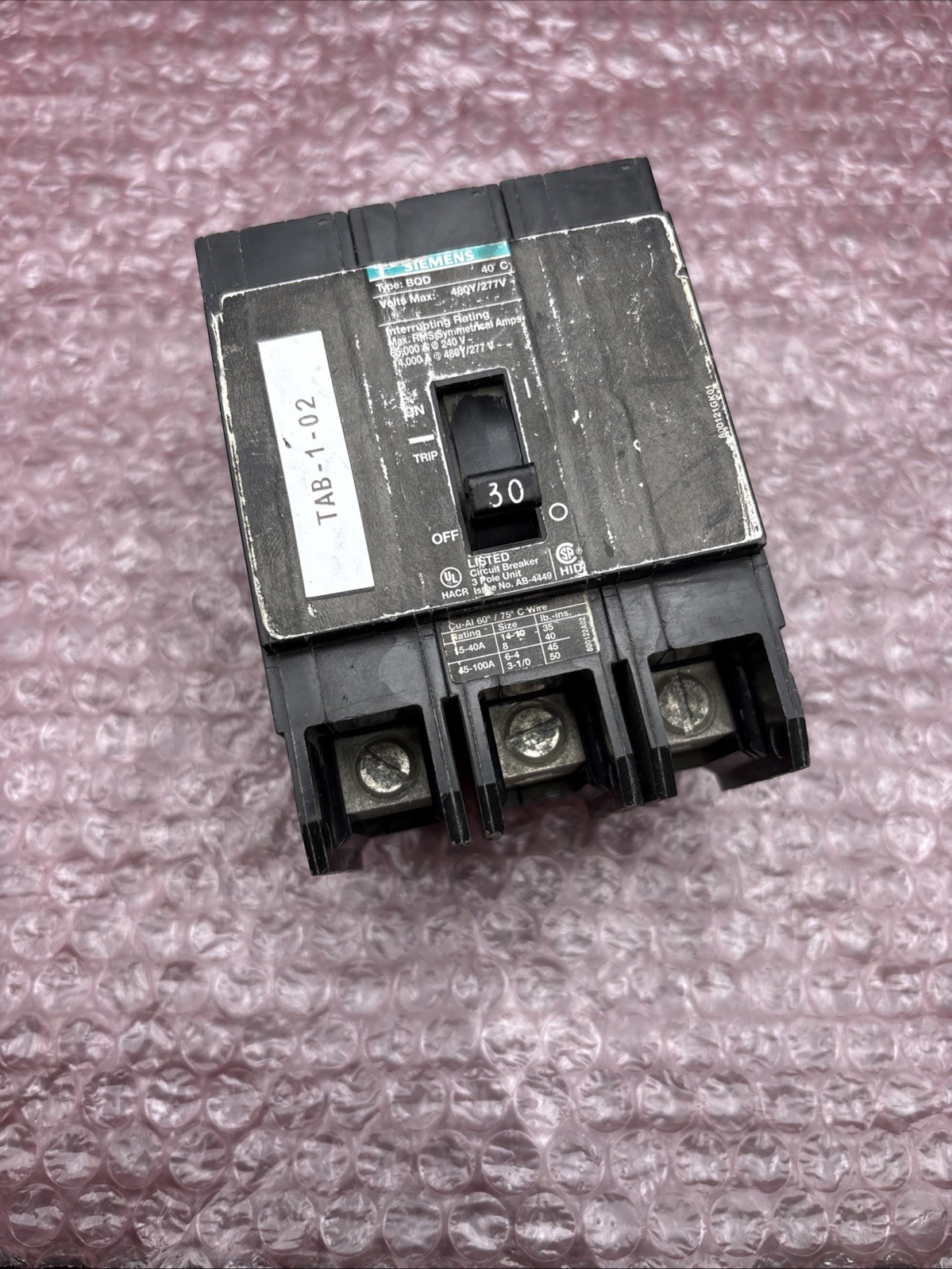 SIEMENS BQD330 Molded Bolt-On Circuit Breaker 30A 3 Pole *GREAT CONDITION*