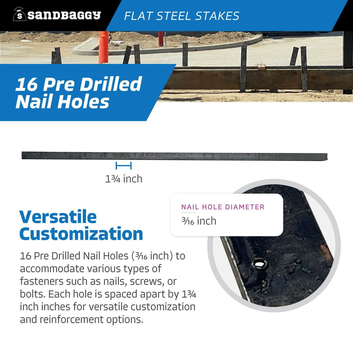 Sandbaggy 60″ Flat Steel Stakes For Concrete Forms With Nail Holes – Reusable