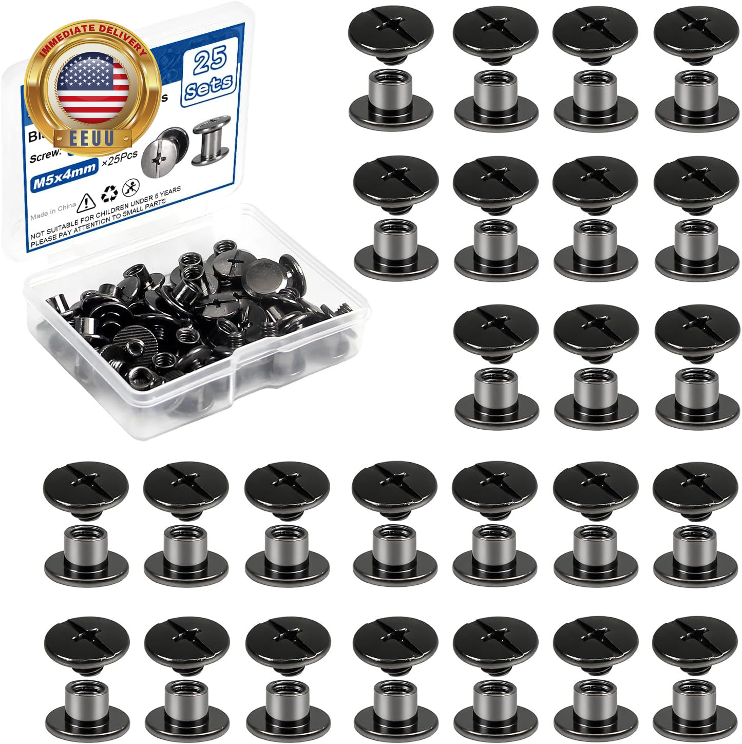 25 Sets M5 X 4Mm Chicago Screws, 3/16(5Mm) Black Leather Rivets, Carbon Steel Ph
